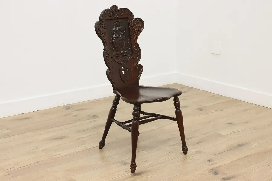 Photo of Victorian Antique Oak Side Chair, Leather Courting Couple