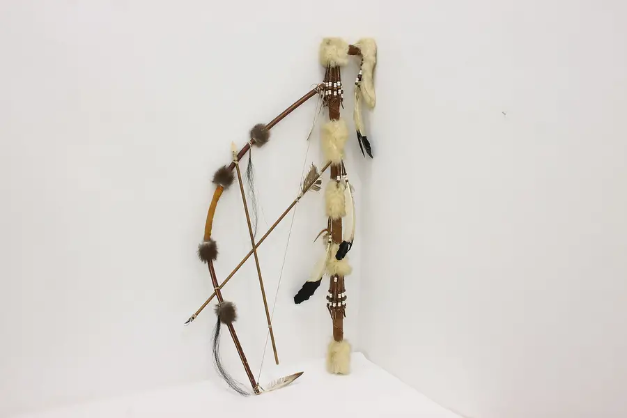 Photo of Native American Vintage Leather & Fur Ceremonial Bow & Cane