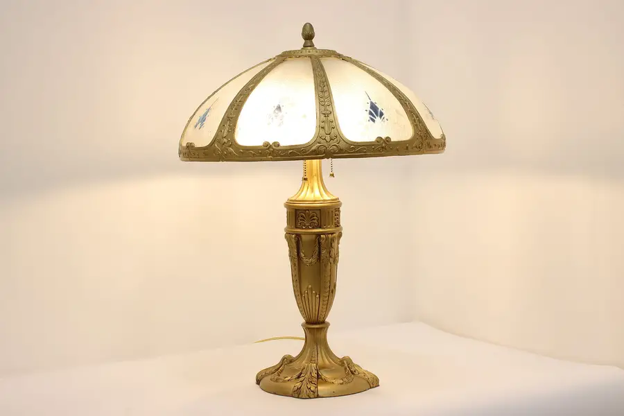 Photo of Frosted Reverse Painted Glass Shade Antique Table Lamp
