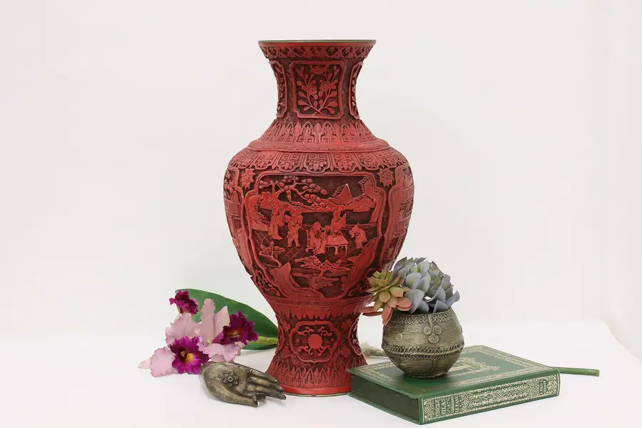 Photo of Chinese Vintage Carved Cinnabar Flower or Decorative Vase