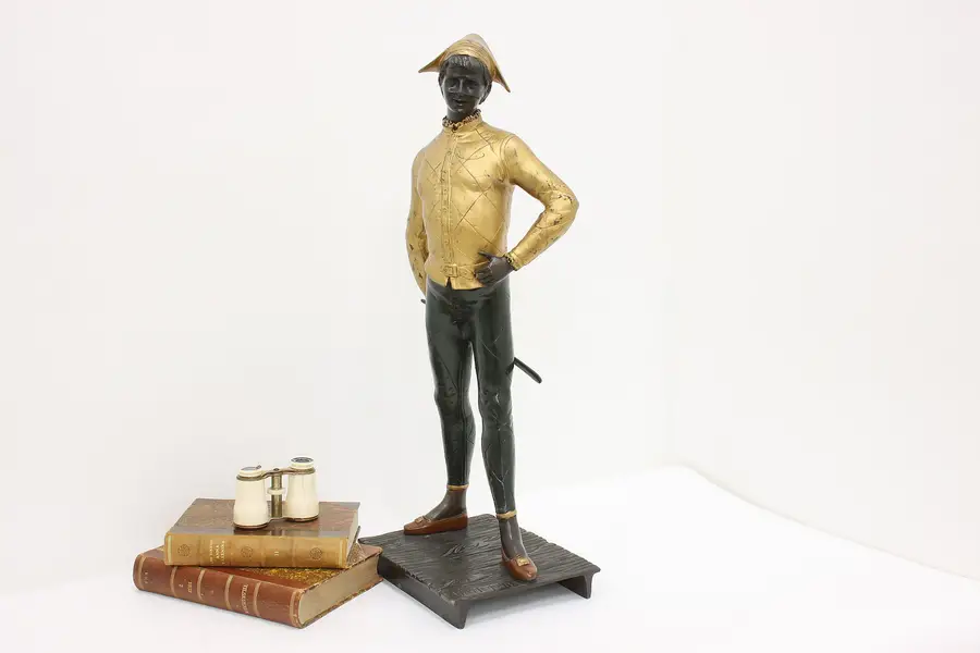 Photo of Harlequin Man Statue Vintage Bronze & Gilt Sculpture 26.5"