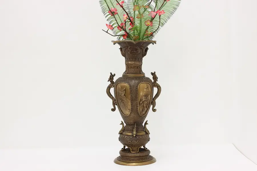 Photo of Bronze Dragon & Phoenix Antique Japanese Meiji Urn or Vase