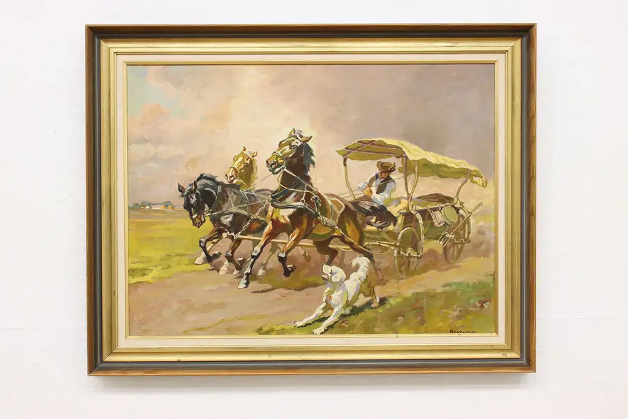 Photo of Horse Wagon Race Vintage Original Oil Painting Benyovsky 37"