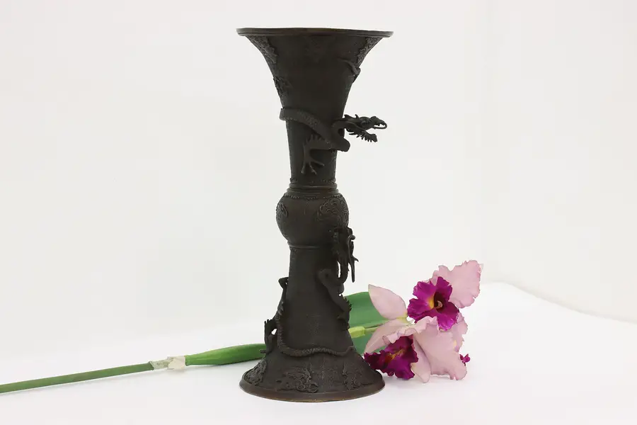 Photo of Japanese Antique Meiji Bronze Dragon Flower Vase or Urn