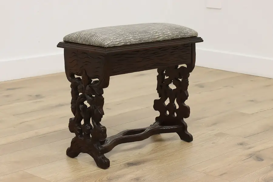 Photo of Victorian Antique Carved Walnut Stool Slipper Bench, Leather