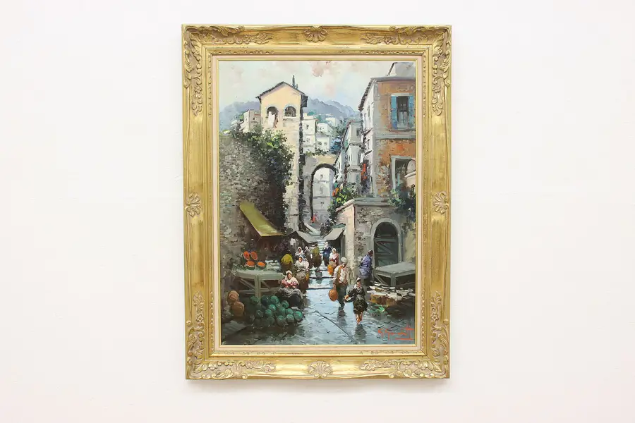 Photo of Naples Market Vintage Original Oil Painting, Guidotti 48"