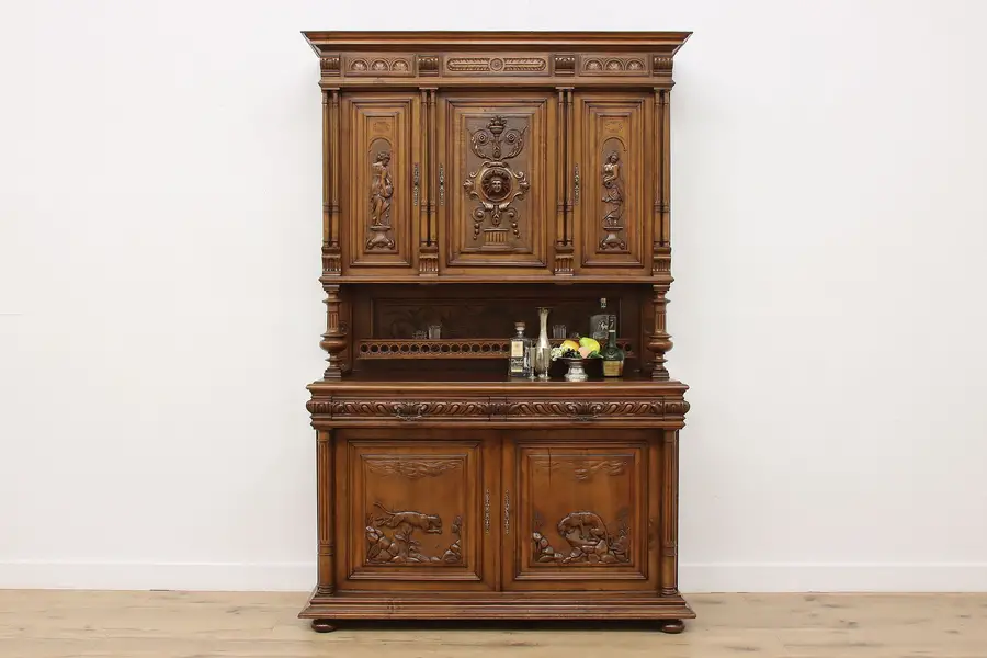 Photo of Renaissance Antique Walnut Sideboard or Bar, Carved Leopards