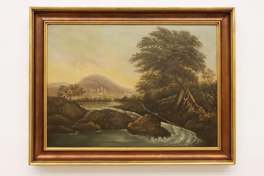 Photo of Fishing in Countryside Antique Original Oil Painting 38.5"