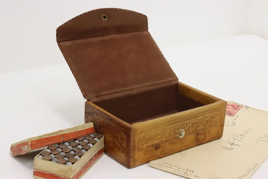 Photo of Folk Art Vintage Embossed Leather Jewelry Keepsake Box Horse