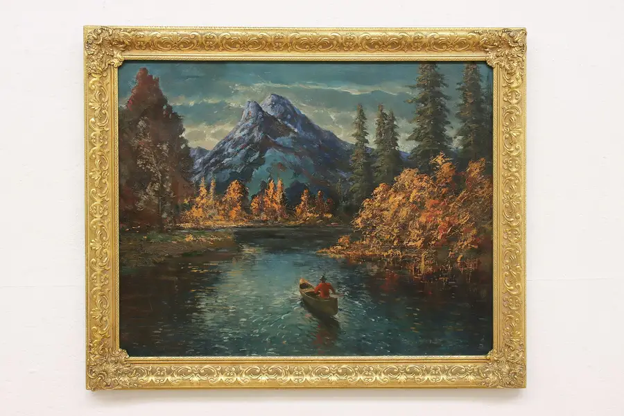 Photo of Mountain & River Antique Original Oil Painting 40"