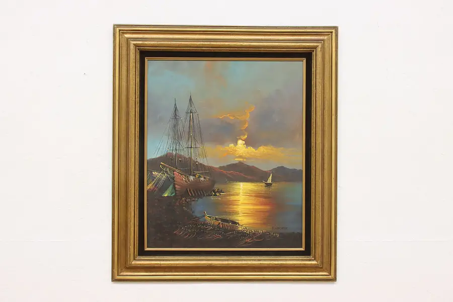 Photo of Sunset Harbor Vintage Original Oil Painting Yenencamp 32.5"