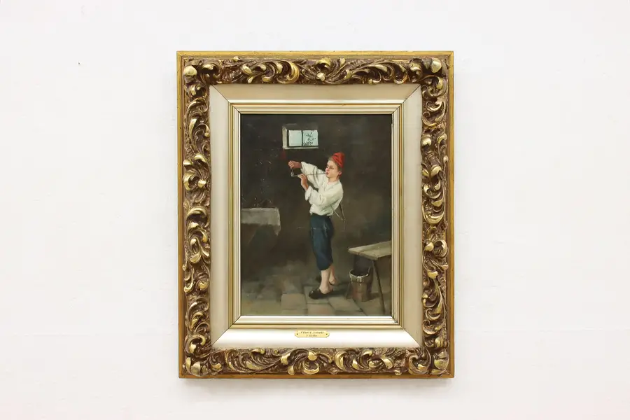 Photo of A Quiet Smoke Antique Original Oil Painting Rollo 25.5"