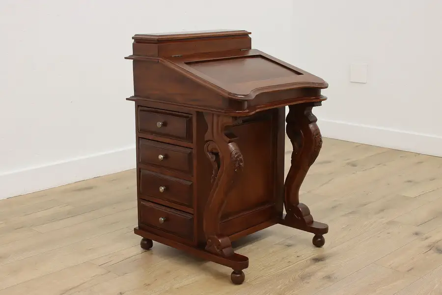 Photo of Ship Captain Davenport Vintage Carved Mahogany Desk
