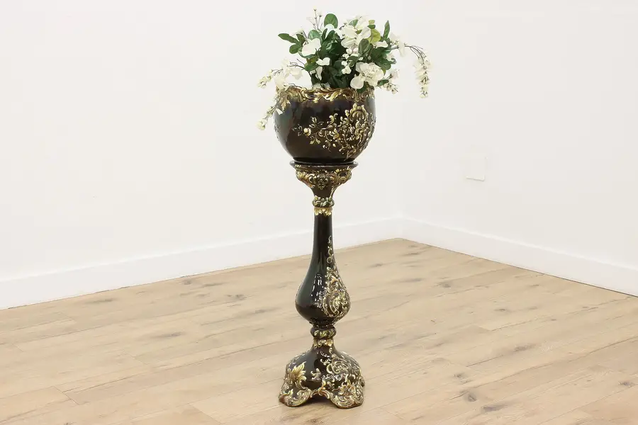 Photo of Austrian Antique Majolica Jardiniere Planter, Stand Dressler
