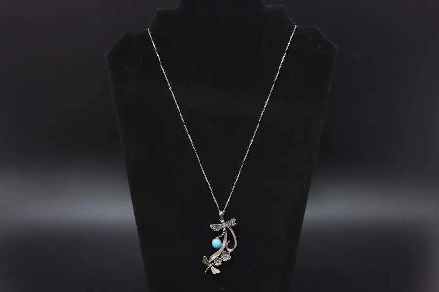 Photo of Dragonfly & Flowers Sterling Silver Turquoise 20" Necklace