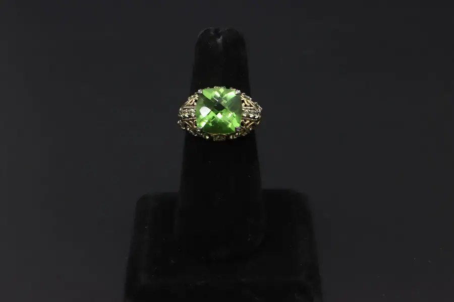 Photo of Gold Wash & Green CZ Gemstone Ring Size 7, Signed