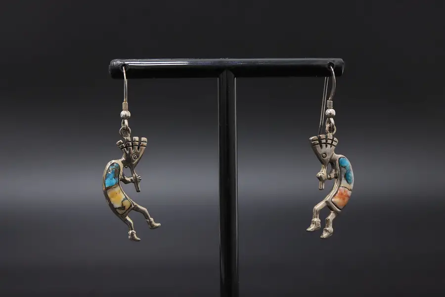 Photo of Pair Sterling Silver & Turquoise Kokopelli Figure Earrings