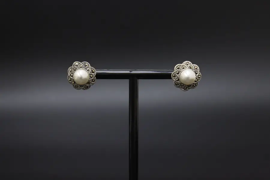 Photo of Pair of Sterling Silver & Faux Pearl Flower Shape Earrings