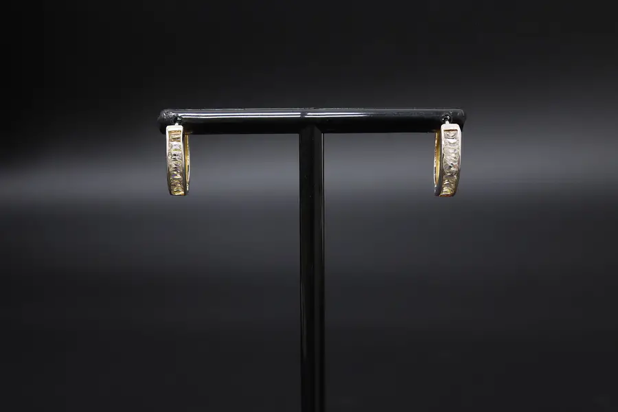 Photo of Pair of Sterling Silver & CZ Gemstone Huggie Hoop Earrings