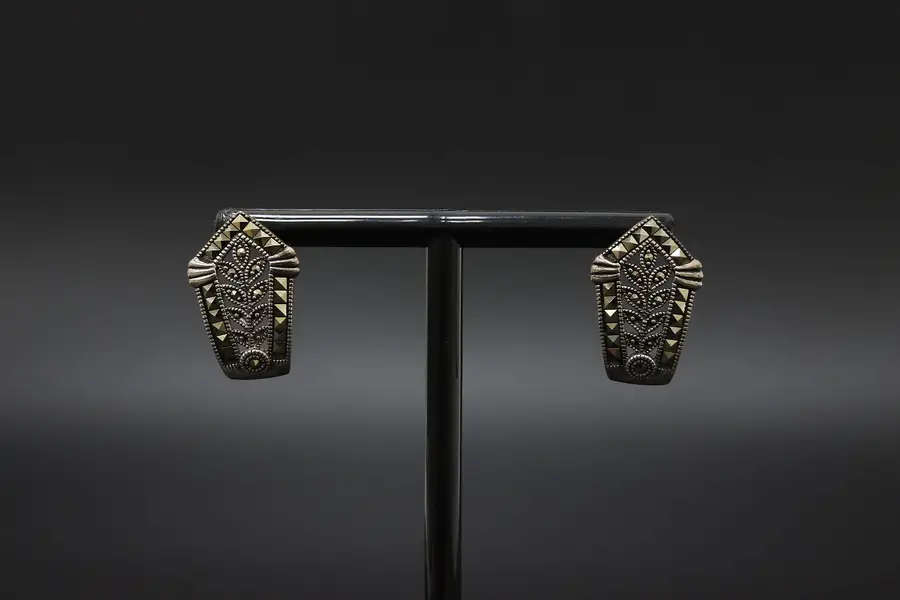 Photo of Pair of Art Deco Design Sterling Silver & Marcasite Earrings