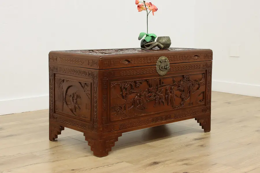 Photo of Chinese Vintage Carved Camphor Trunk or Chest, Coffee Table