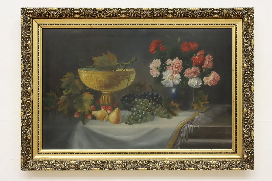 Photo of Grapes Still Life Antique Original Oil Painting Signed 46.5"