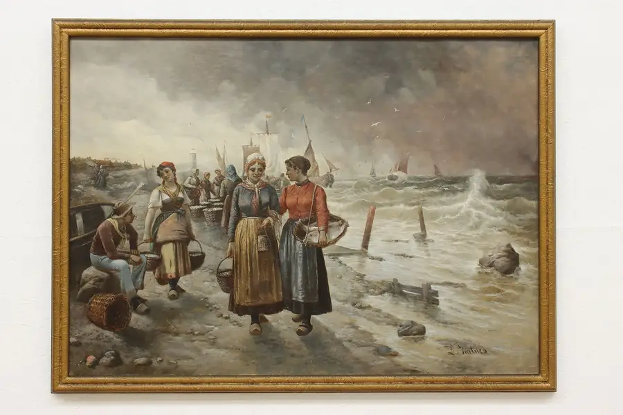 Photo of Storm is Coming Harbor Antique Oil Painting Gartner 52.5"