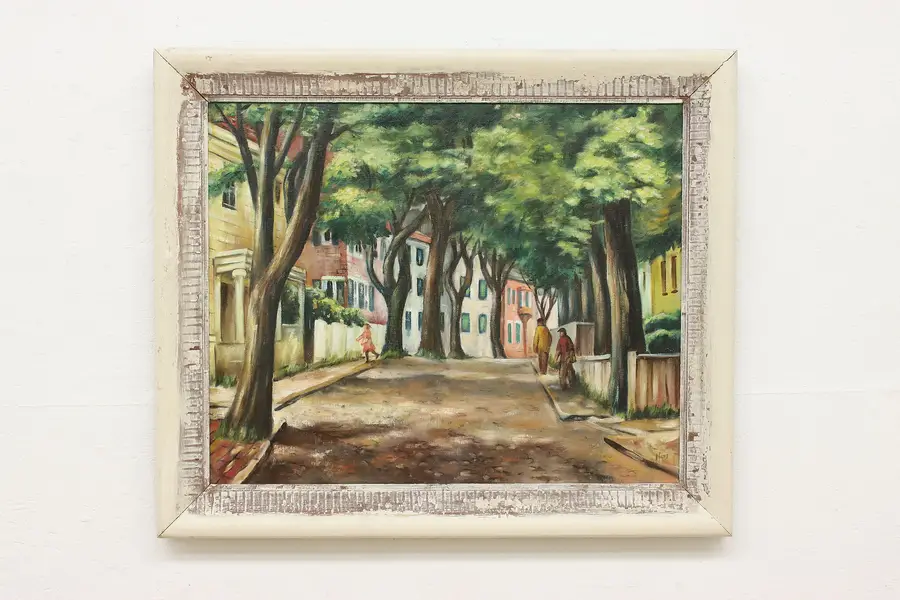 Photo of Shady Neighborhood Vintage Original Painting Signed 38.5"