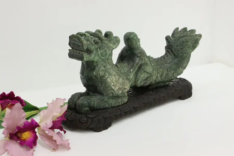 Photo of Chinese Antique Carved Jade Boy & Dragon Sculpture, Base 18"