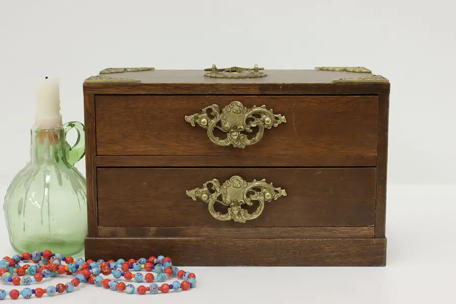 Photo of Chinese Vintage Mahogany & Brass Jewelry or Collector Chest