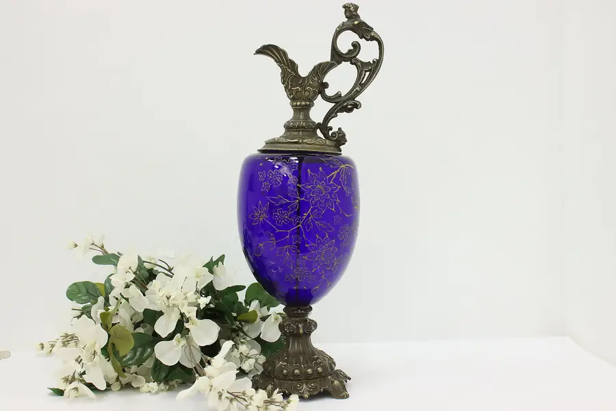 Photo of French Classical Antique Cobalt Glass & Brass Ewer 21"