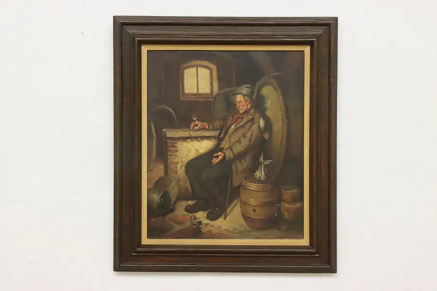 Photo of Old Man Drinking Antique Original Oil Painting Signed 32.5"