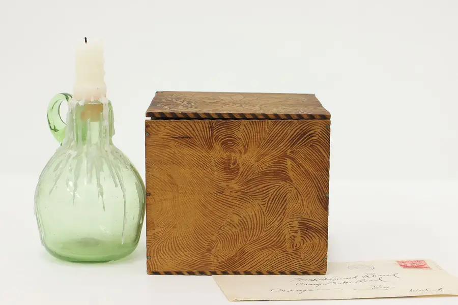 Photo of Folk Art Antique Pyrography Burnt Wood Jewelry Keepsake Box