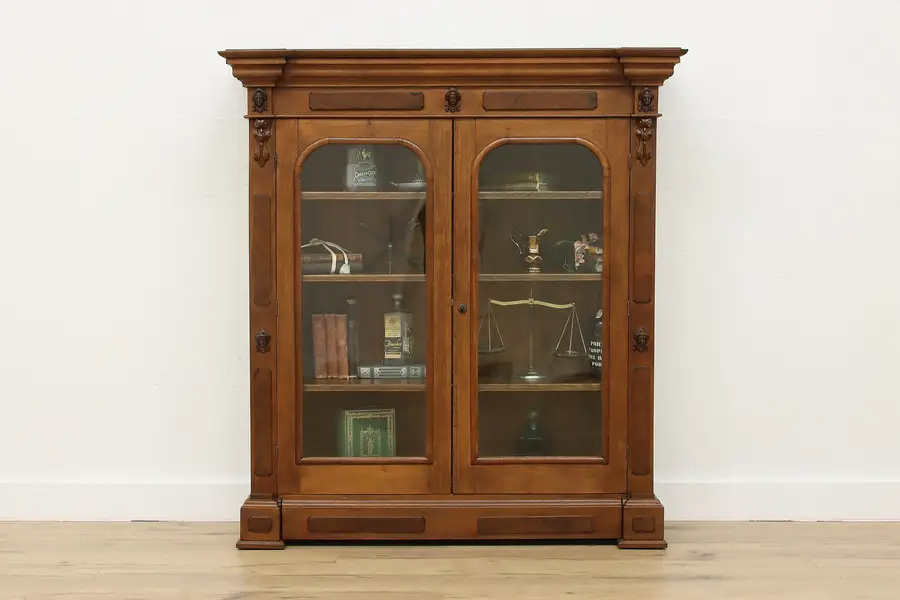 Photo of Victorian Antique Walnut Bookcase Carved Heads Secret Drawer