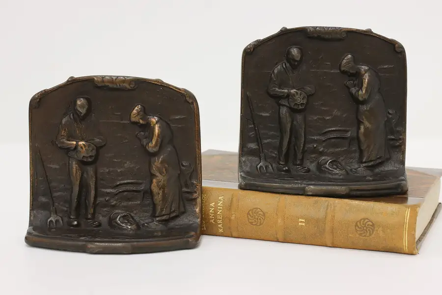 Photo of Pair of Antique Cast Iron The Angelus after Millet Bookends