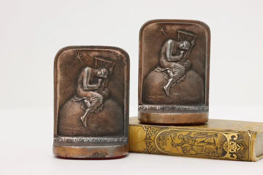 Photo of Pair of Cast Iron Antique Woman & Lyre Library Bookends Bron