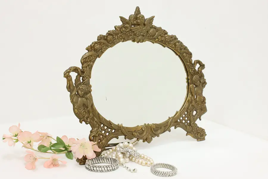 Photo of Victorian Antique Gilt Iron Dresser Mirror with Cherubs