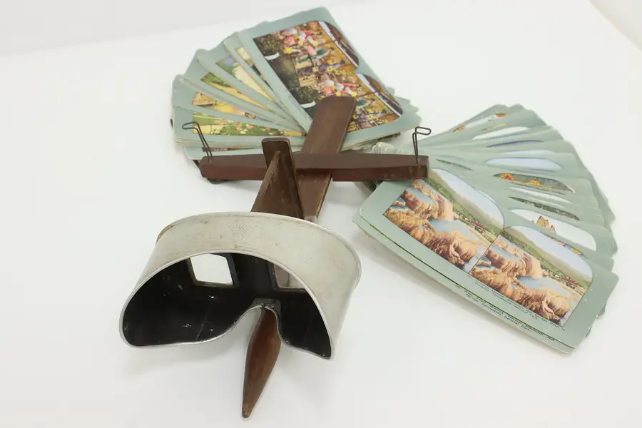 Photo of Victorian Antique Birch Stereoscope Viewer & Cards Underwood