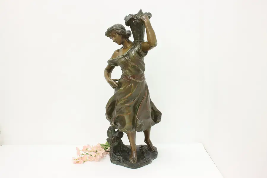 Photo of French Antique Painted Wine Harvest Woman Sculpture Madrassi