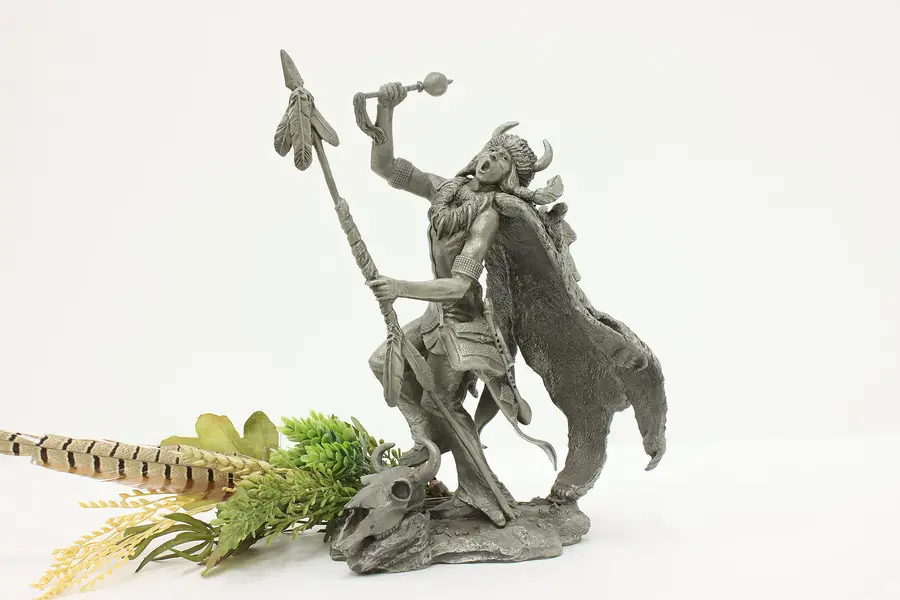 Photo of Pawnee Shaman Statue Vintage Pewter Sculpture Jim Ponter
