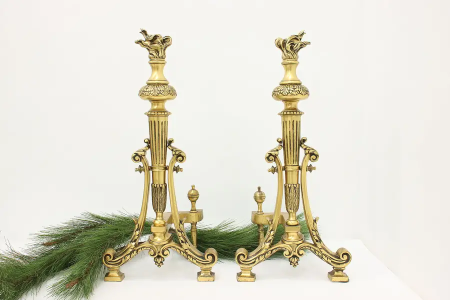 Photo of Pair of Classical Antique Bronze Torch Fireplace Andirons