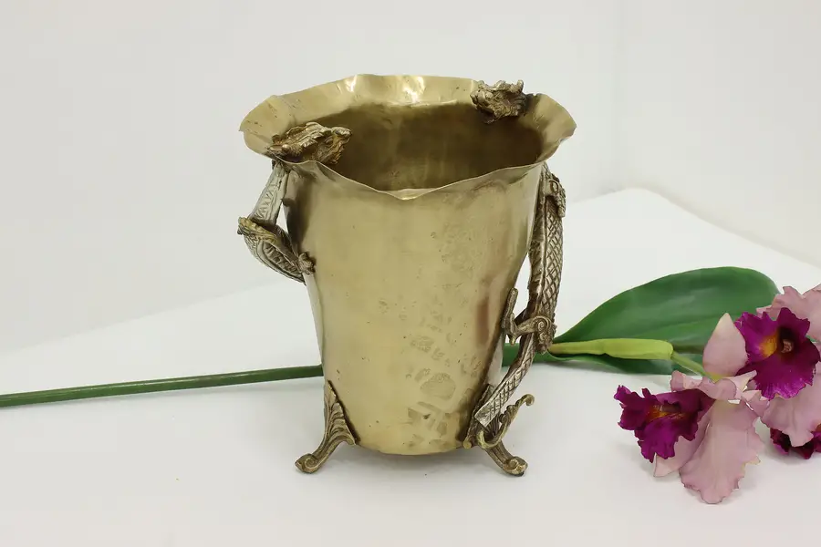 Photo of Chinese Vintage Brass Vase or Urn with Dragons