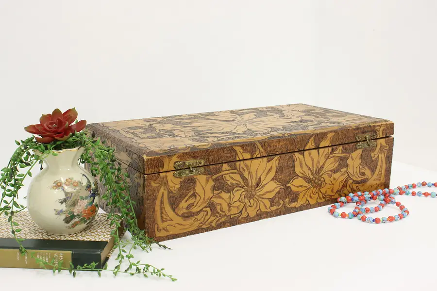 Photo of Folk Art Vintage Pyrography Jewelry Keepsake or Letter Box