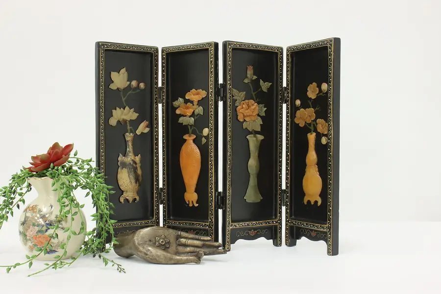 Photo of Asian Vintage Carved Lacquer Tabletop Screen, Flower Vases