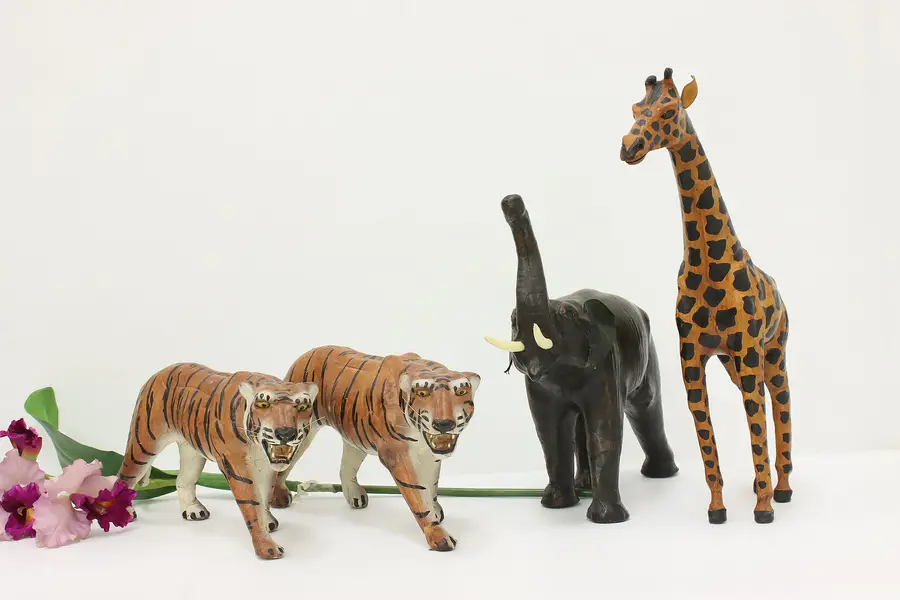 Photo of Set of 4 Vintage Hand Painted Leather Jungle Animal Figures