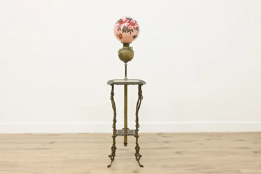 Photo of Victorian Antique Onyx & Brass Piano Organ Lamp Ball Shade