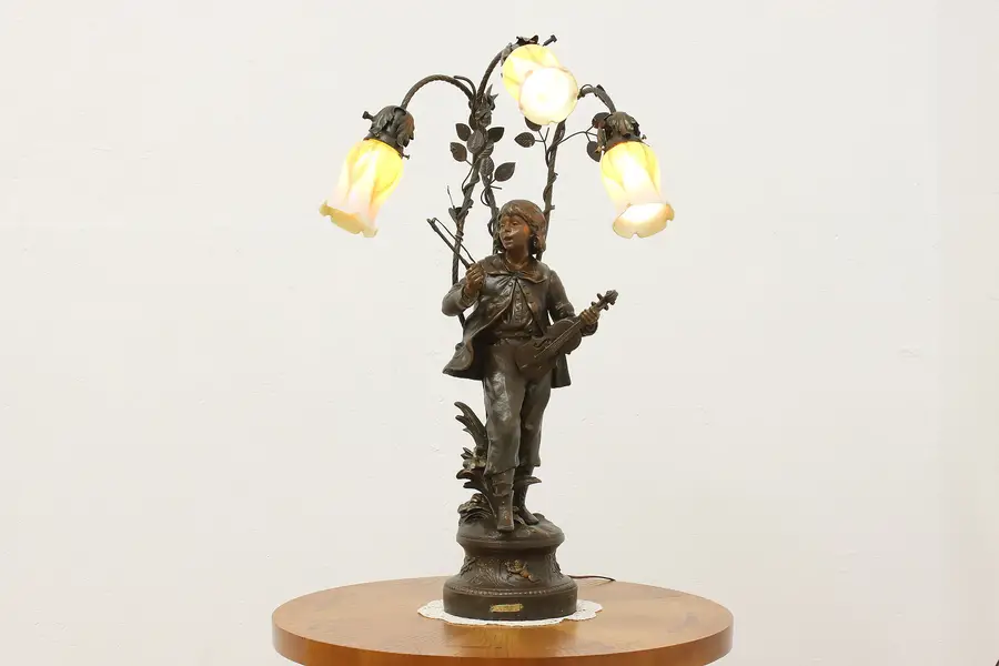 Photo of French Antique Boy & Violin Sculpture Lamp, Art Glass Shades
