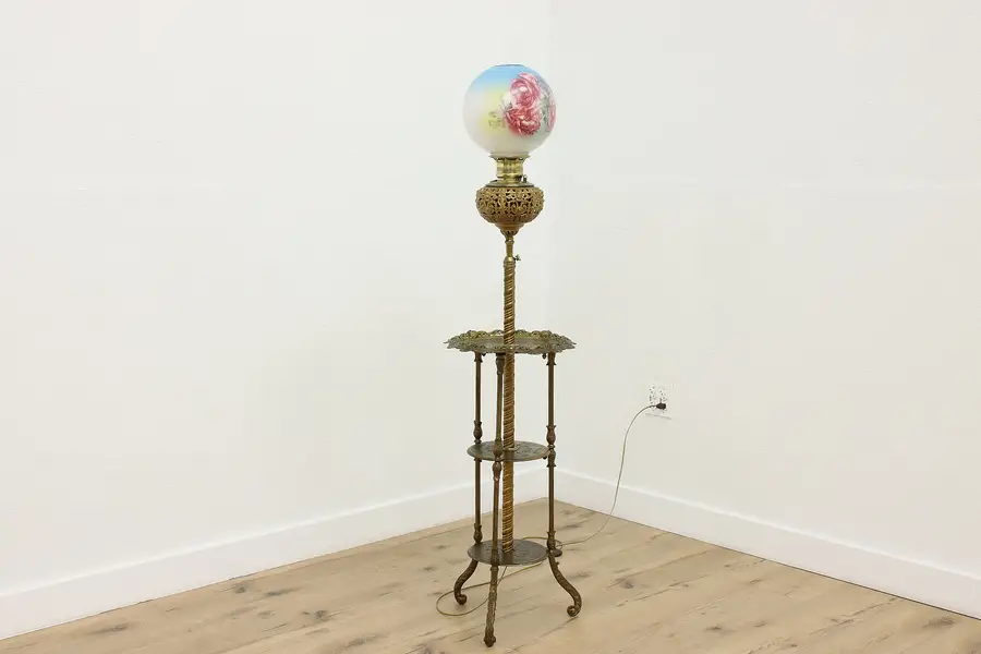 Photo of Victorian Antique Adjustable Brass Organ Lamp, Painted Shade