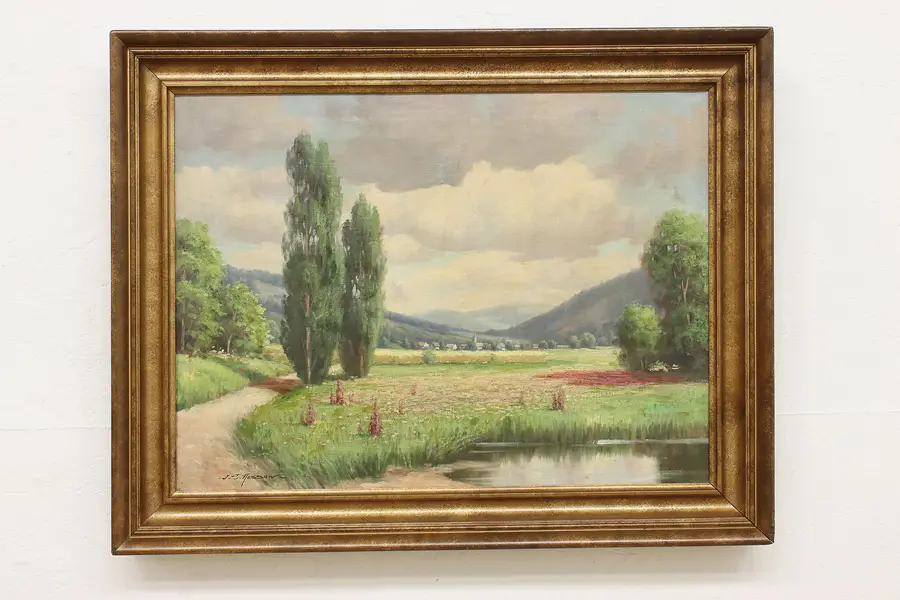 Photo of Countryside Pond Antique Original Oil Painting Nasson 38"