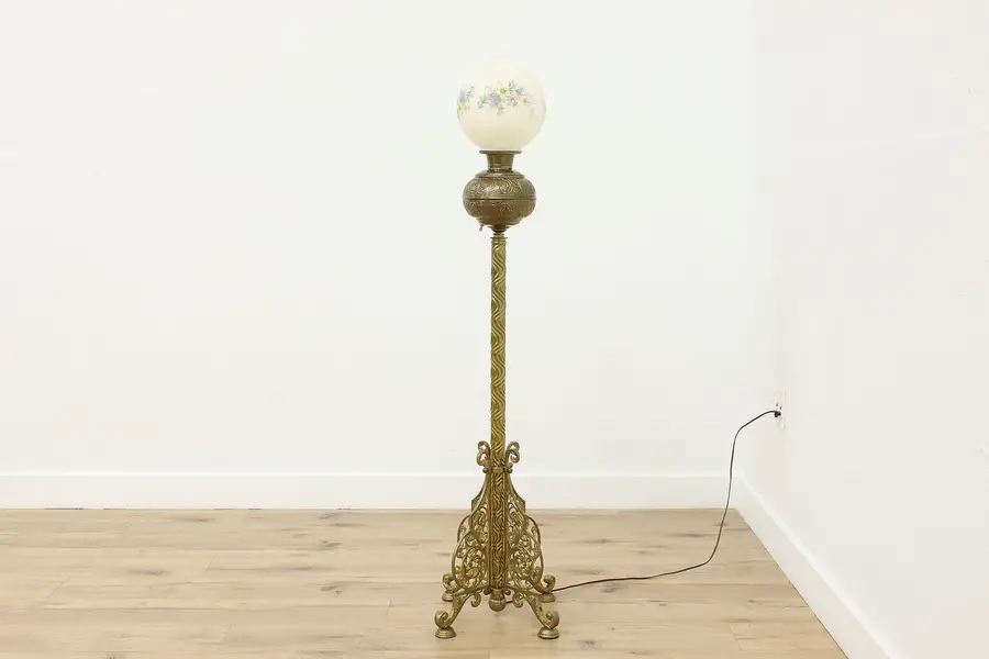 Photo of Victorian Antique Ornate Brass Painted Ball Shade Piano Lamp